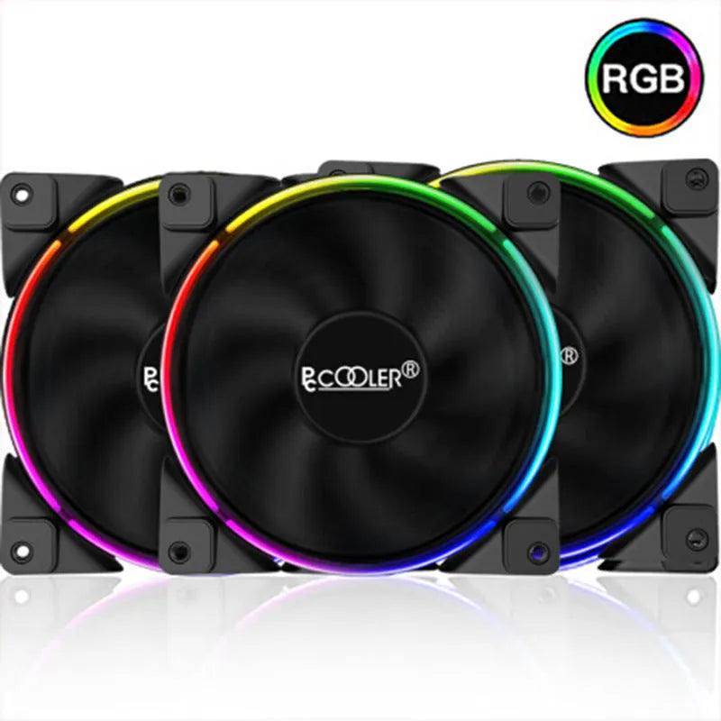 Set of three black 120mm RGB case fans for PC cooling with hydraulic bearings.