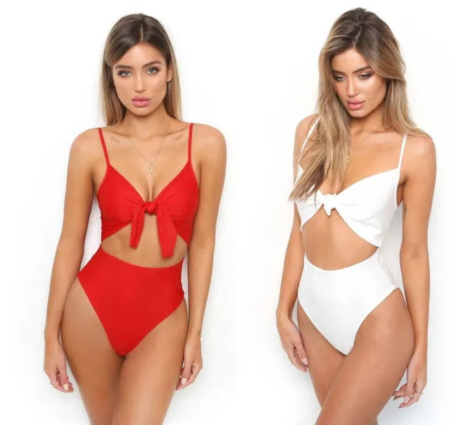 One-piece swimsuit tie knot print open back solid colour women's polyester swimsuit ZC2520