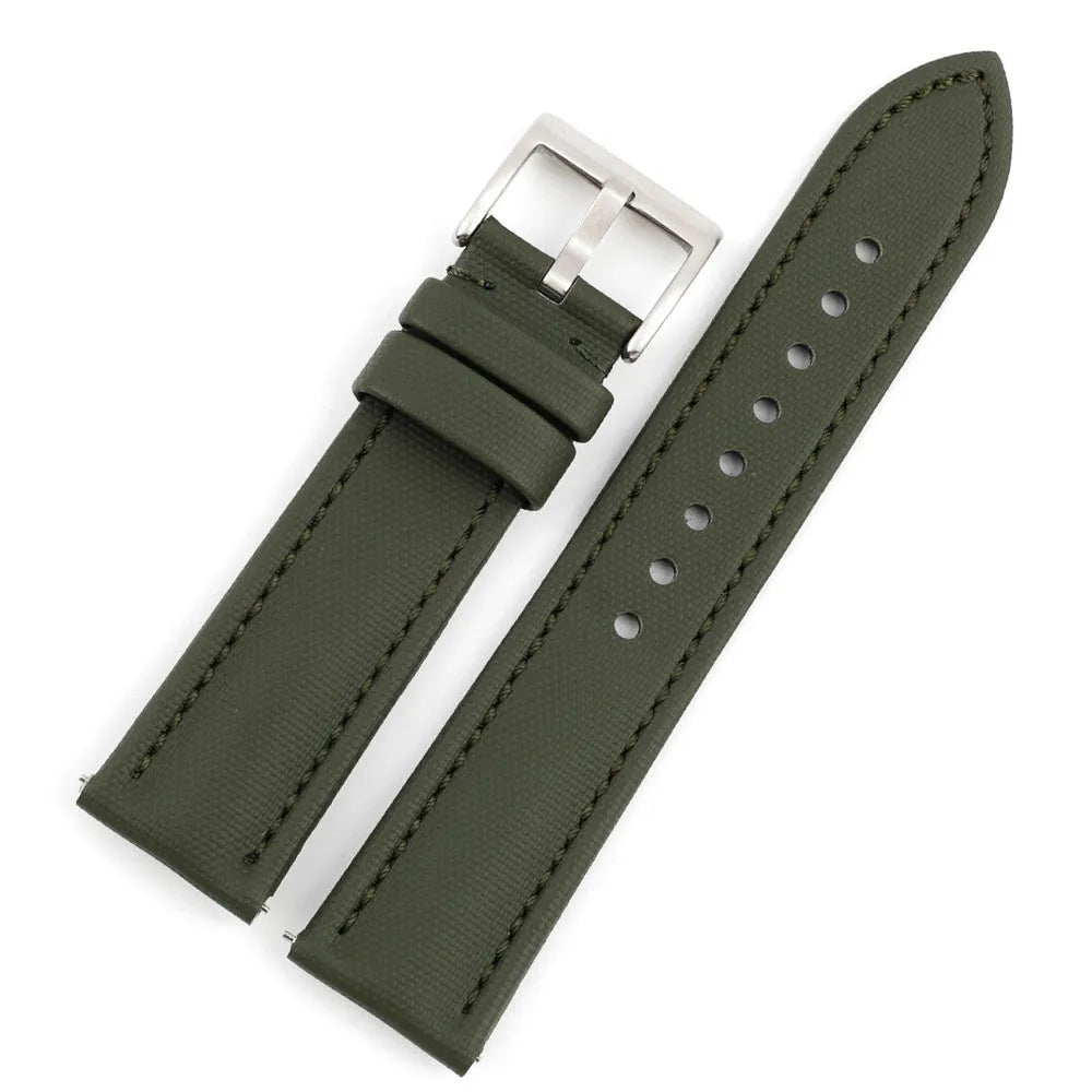 Oxford water-repellent cloth watch strap in black, available in 18mm to 22mm widths with leather fit layer.