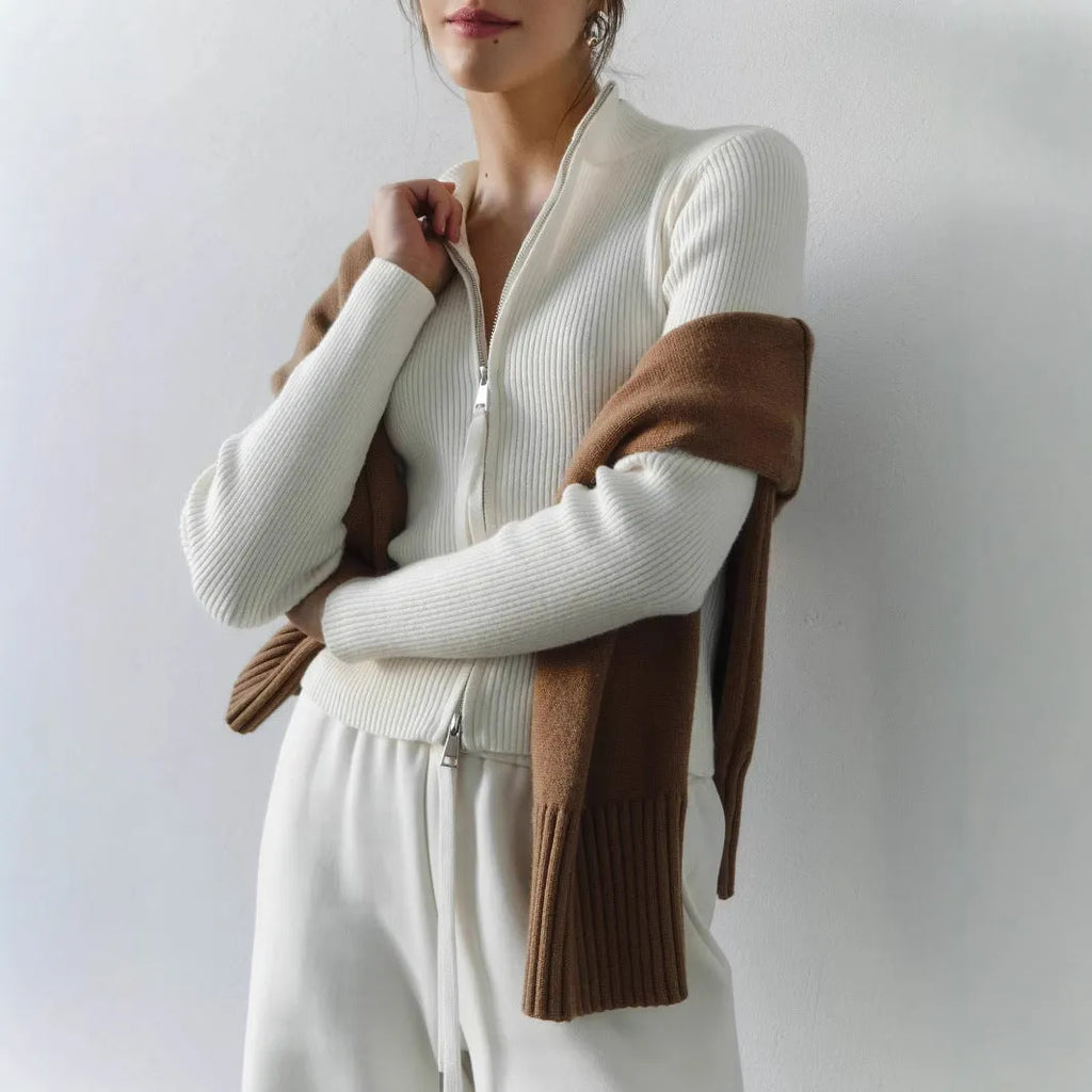 Women's zipper slim fit stand collar top in viscose fibre, available in five colours, sizes S to L, for street fashion layering