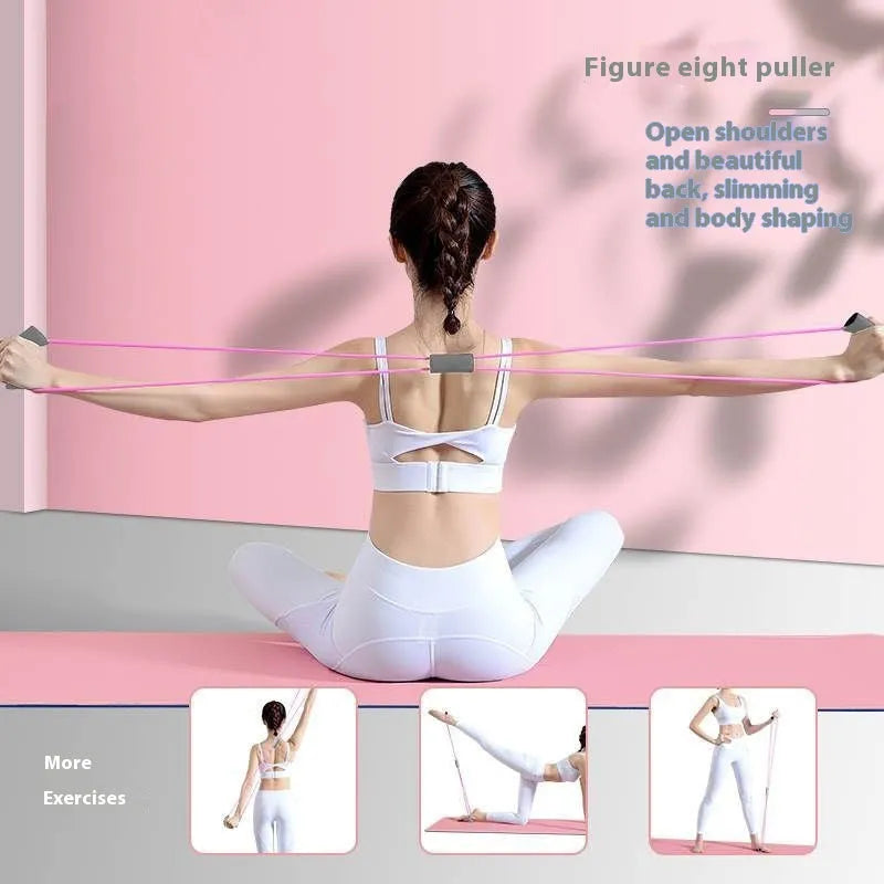 Yoga four piece fitness set with leg stretcher, pedal device, yoga ring, and figure eight tension rope.