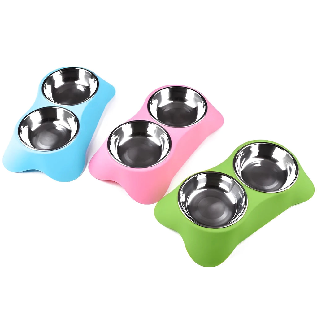 Silicone double pet bowl with stainless steel inserts and non-slip base, shown in Blue, Green, and Rose Red, sizes S and M