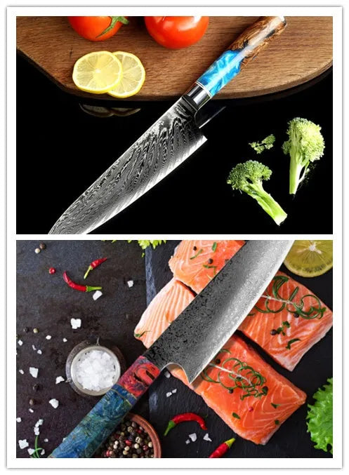 8-piece kitchen knife block set with chef knife, bread knife, boning knife plus Damascus steel meat cutter and high carbon utility knife