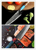 8-piece kitchen knife block set with chef knife, bread knife, boning knife plus Damascus steel meat cutter and high carbon utility knife