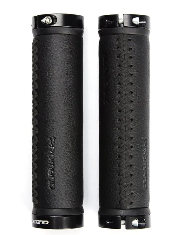 Bicycle handle grips in artificial leather with curved shape for wrist protection, black/black line colour