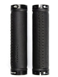Bicycle handle grips in artificial leather with curved shape for wrist protection, black/black line colour