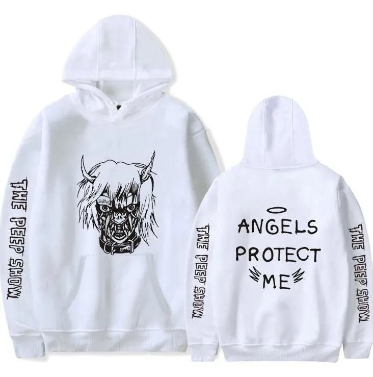 Men's angel and devil hoodie, polyester cotton blend, cartoon print, available in 7 colours and sizes XS to 3XL.