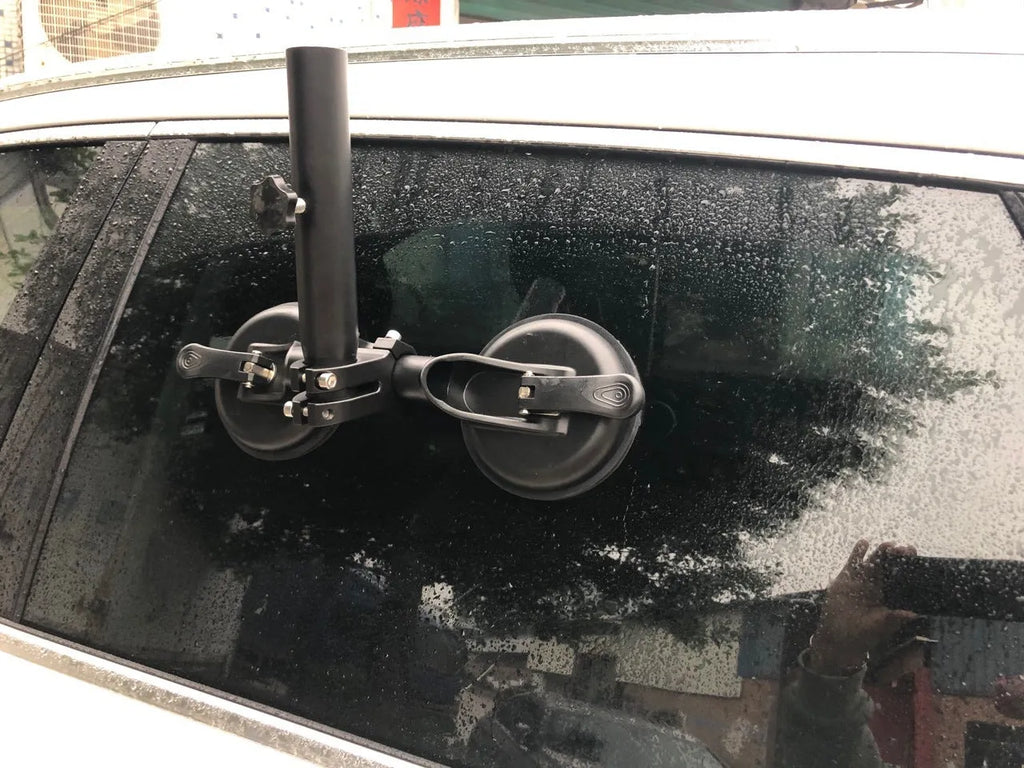 Black ABS car flagpole sucker mount with round glass suction cup for off-road vehicles.