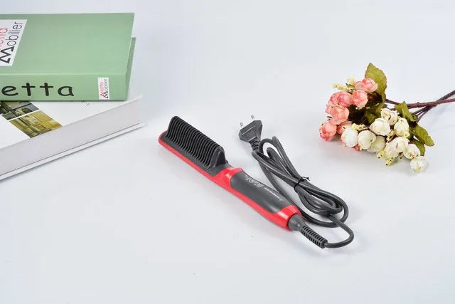 Straight hair comb with ceramic heated brush and ion technology in black and red