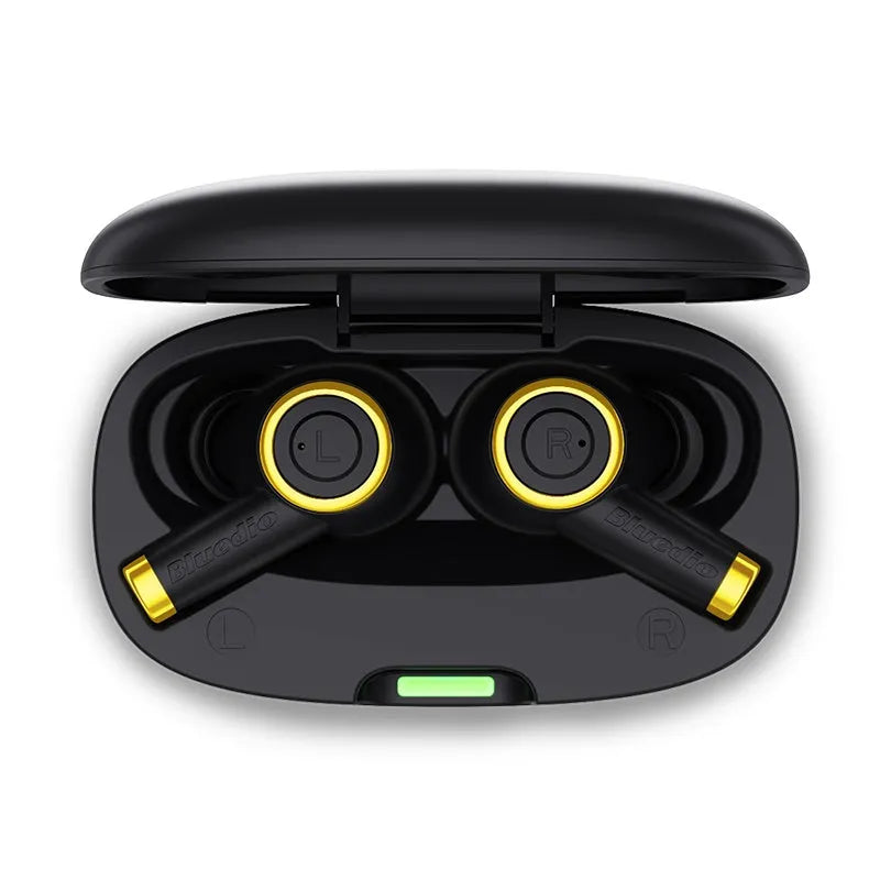 Black true wireless sports headphones with silicone earplugs and a USB Type-C charging cable.