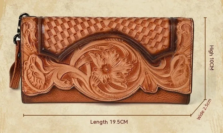 Retro brown tri-fold leather wallet with embossed floral pattern, shown open to reveal multiple card slots and compartments.