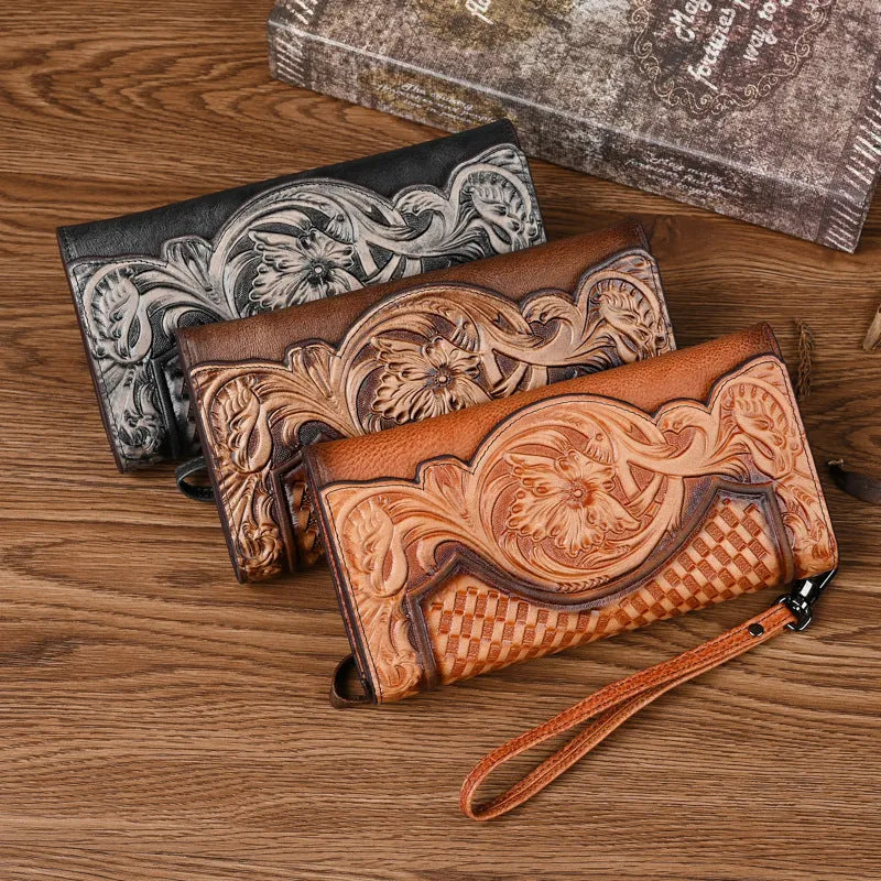 Retro brown tri-fold leather wallet with embossed floral pattern, shown open to reveal multiple card slots and compartments.