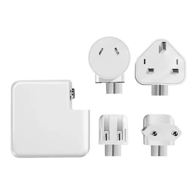61W laptop power adapter charger with international plug options, 7cm by 7cm by 3cm dimensions