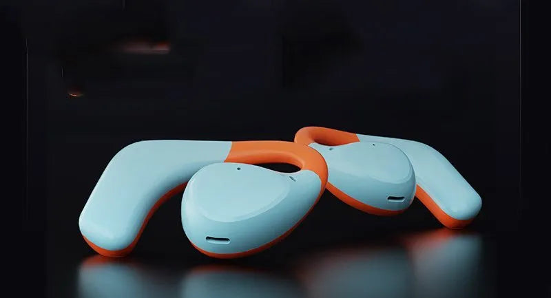Non in-ear Bluetooth headset in blue orange or black orange with 15 metre range and 4-8 hour battery life