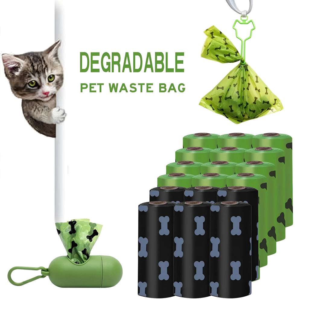 Biodegradable dog waste bags with dispenser, 15 bags per roll, black or green, leak-proof and thickened