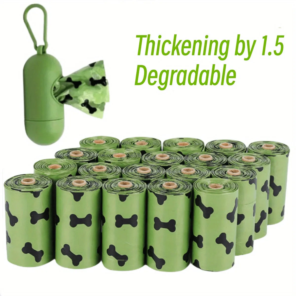 Biodegradable dog waste bags with dispenser, 15 bags per roll, black or green, leak-proof and thickened