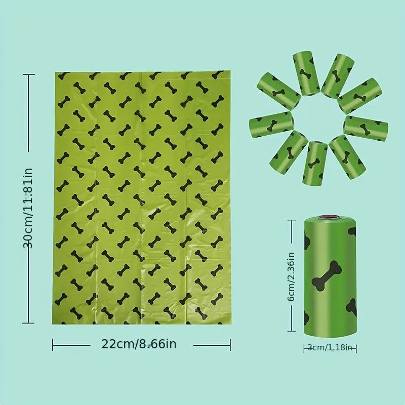 Biodegradable dog waste bags with dispenser, 15 bags per roll, black or green, leak-proof and thickened