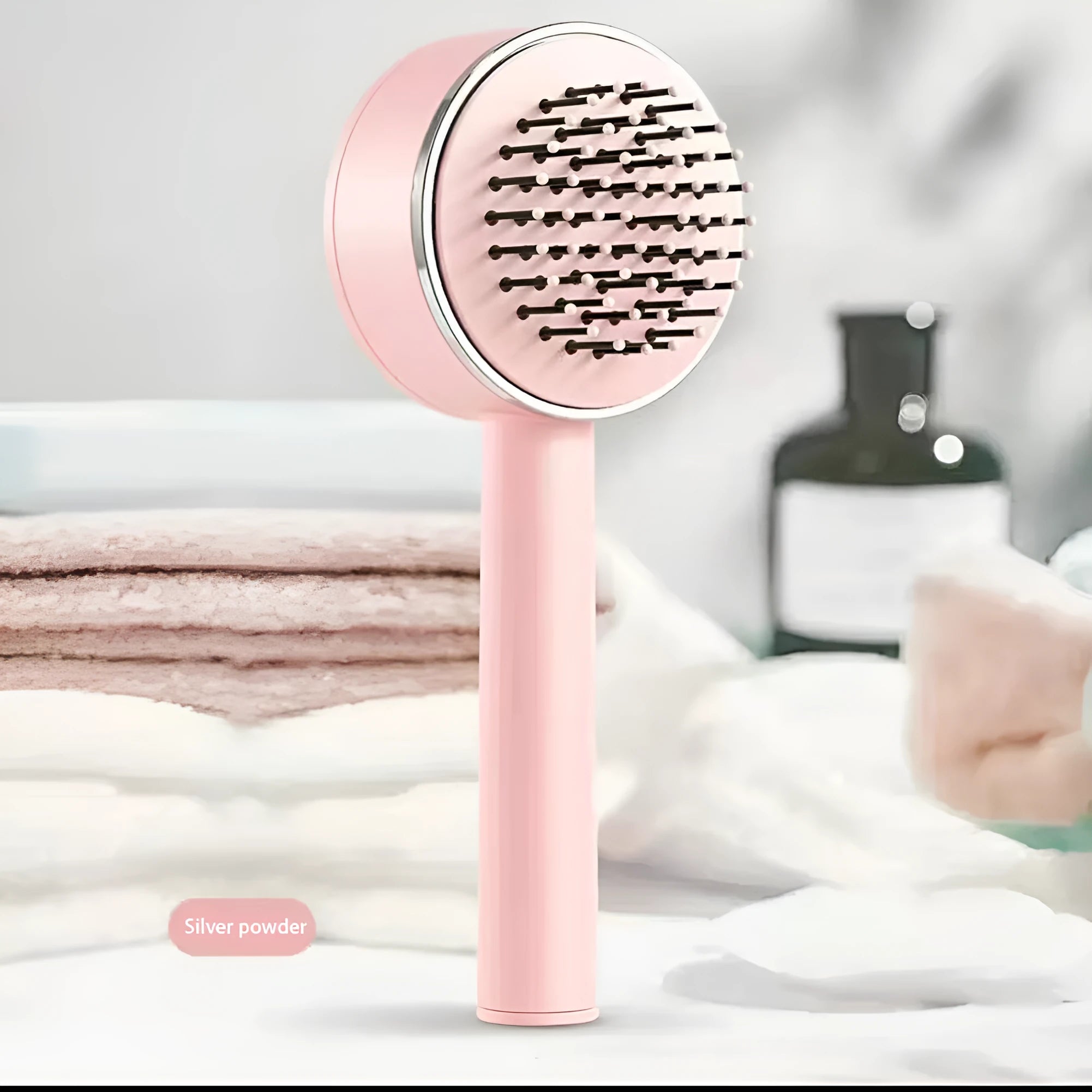 One-key self-cleaning hair brush with 3D air cushion, non-slip handle, and massage tips in green colour