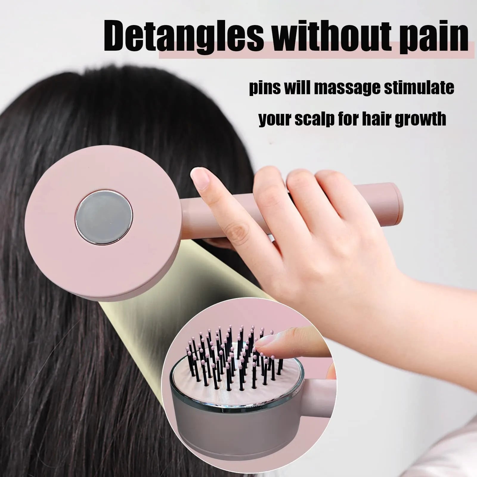 One-key self-cleaning hair brush with 3D air cushion, non-slip handle, and massage tips in green colour