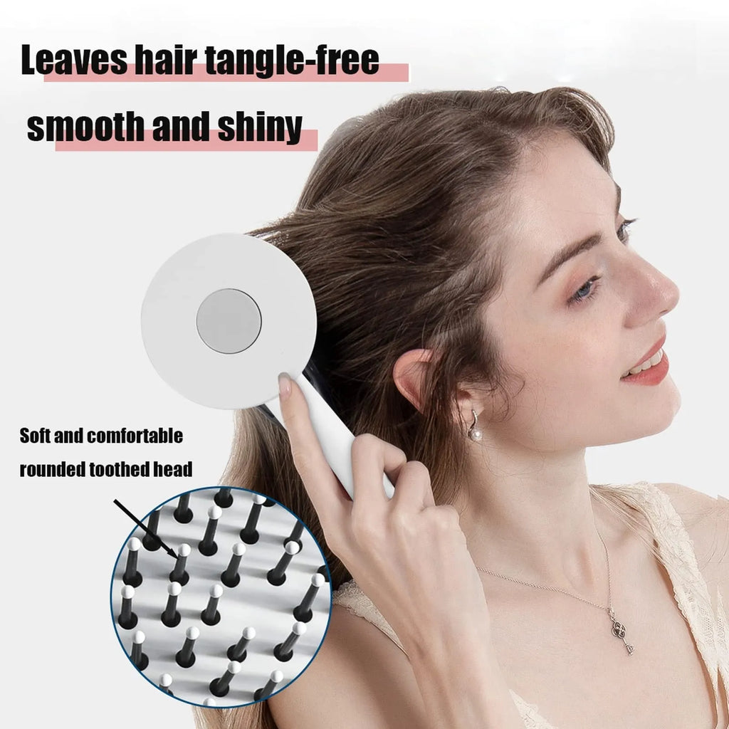 One-key self-cleaning hair brush with 3D air cushion, non-slip handle, and massage tips in green colour