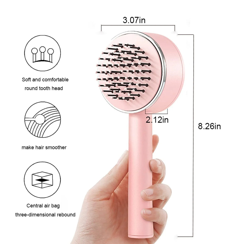 One-key self-cleaning hair brush with 3D air cushion, non-slip handle, and massage tips in green colour