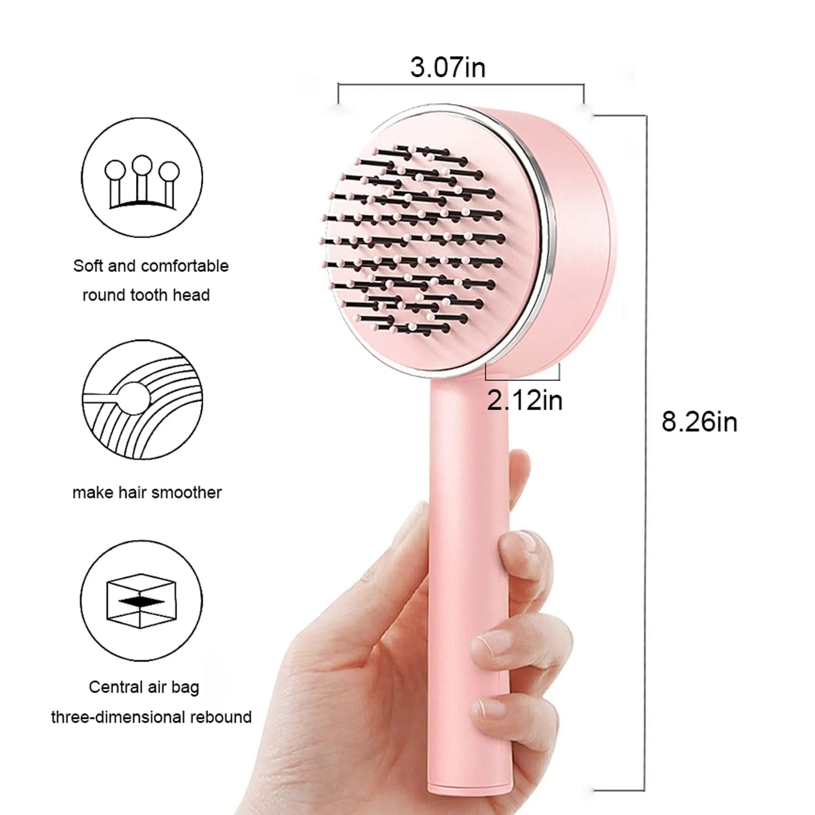 One-key self-cleaning hair brush with 3D air cushion, non-slip handle, and massage tips in green colour
