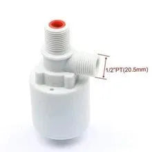 White nylon automatic float valve with three thread size options for purified water systems
