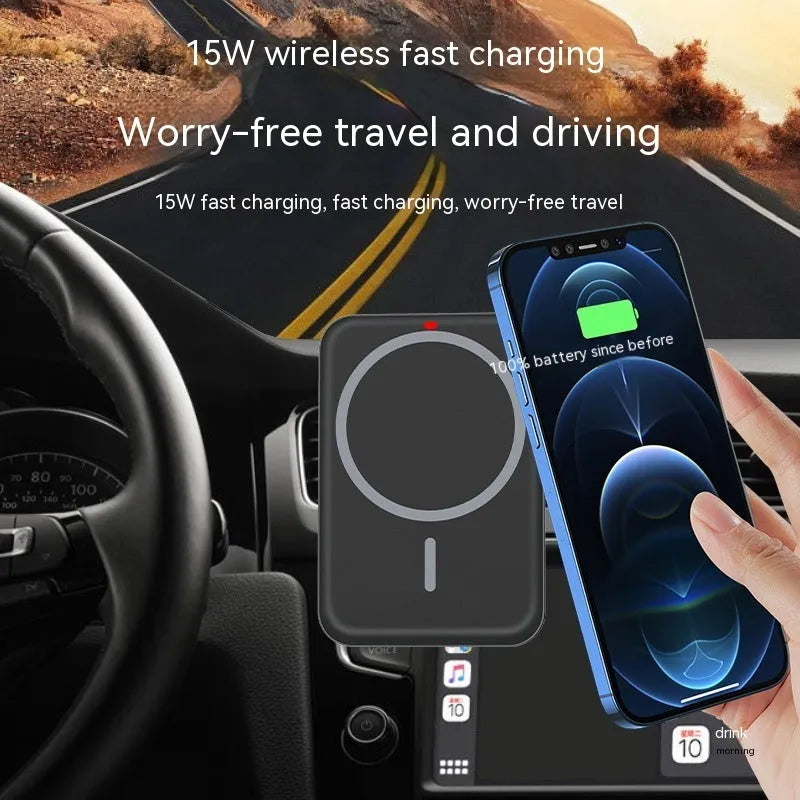 Black plastic car wireless charger, 15W, Type-C, for Apple 12 13 14, 9.4cm x 6.4cm x 2.6cm