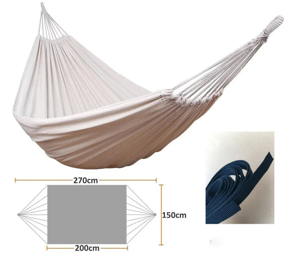 Cotton camping hammock with tree strap for outdoor backpacking and garden relaxation