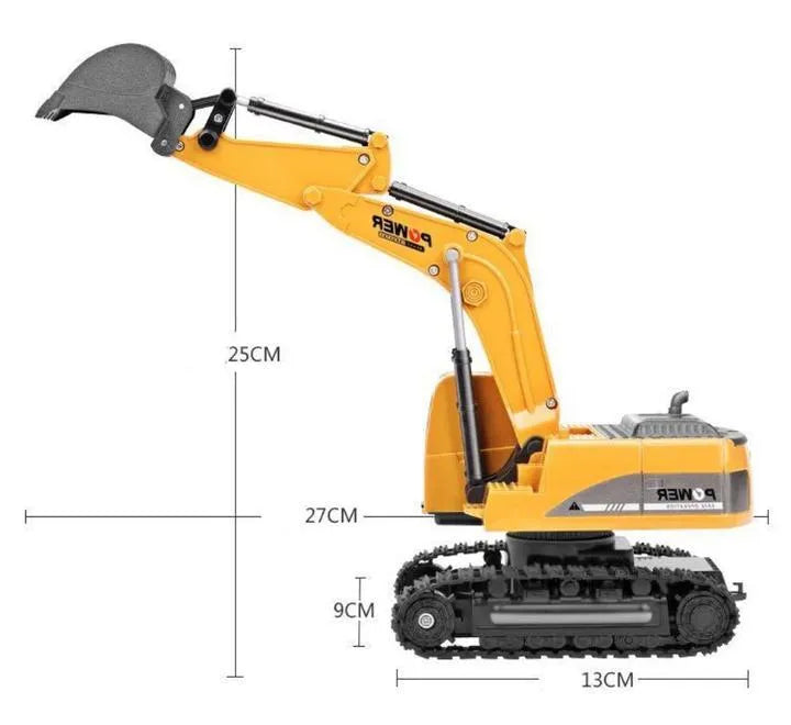 Black alloy remote control excavator with yellow boom arm and handle remote controller on white background