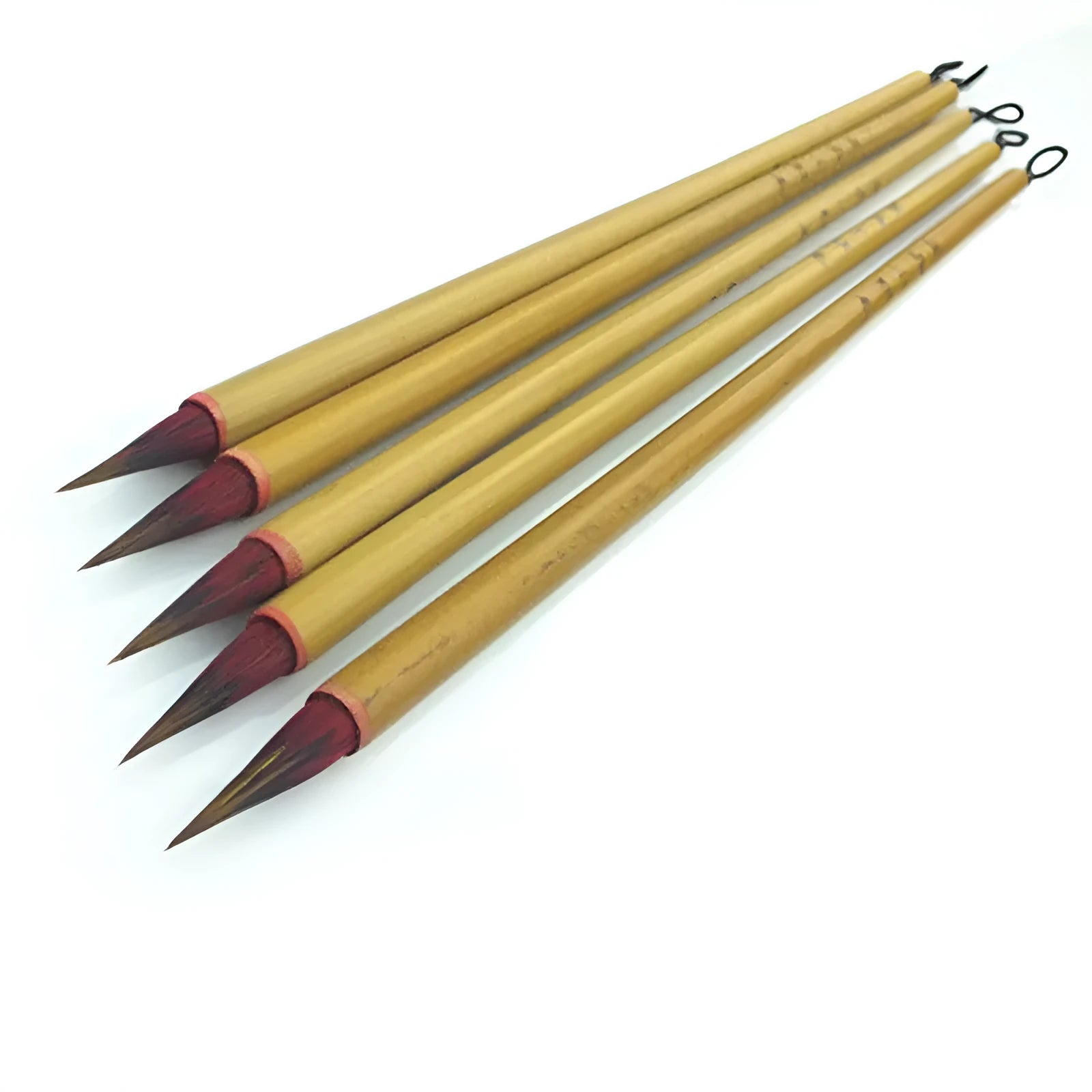 Red hair Chinese calligraphy brush with wooden holder showing 0.5cm caliber and 1.6cm peak measurements