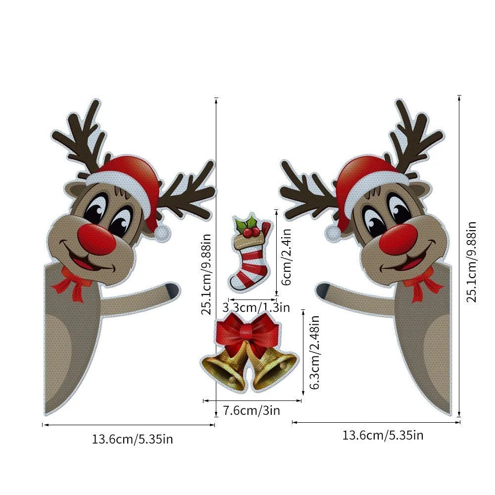 Cartoon-style Christmas elk bell magnetic bumper stickers with reflective luminous finish