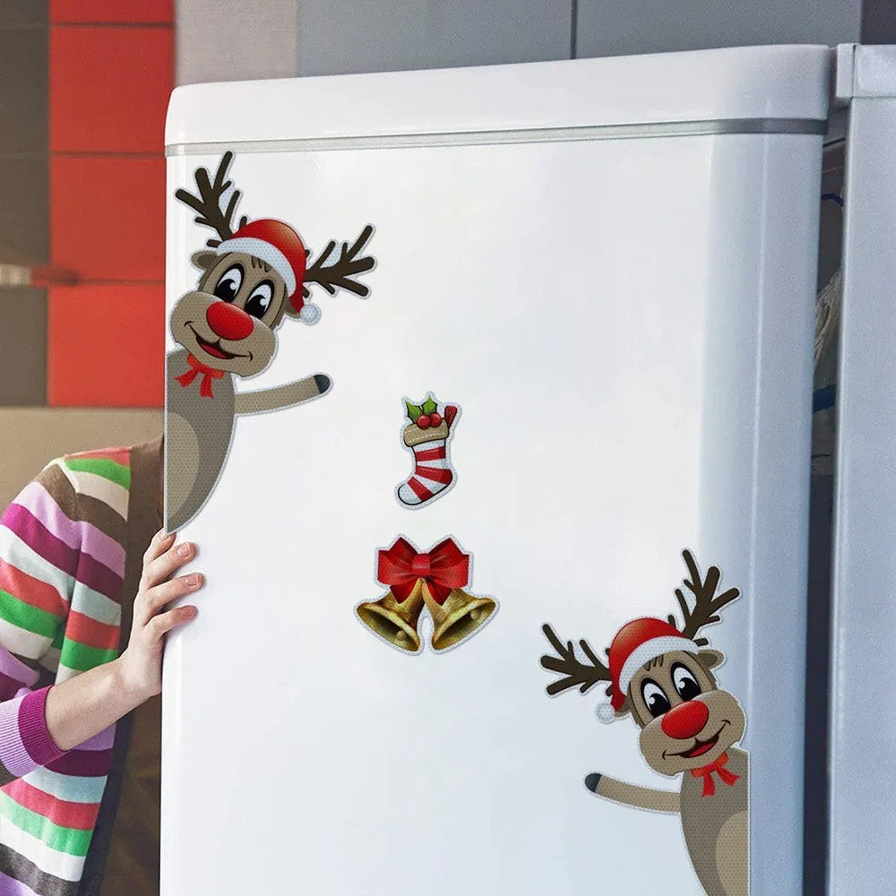 Cartoon-style Christmas elk bell magnetic bumper stickers with reflective luminous finish