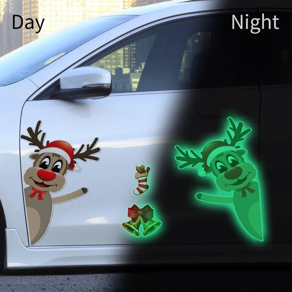 Cartoon-style Christmas elk bell magnetic bumper stickers with reflective luminous finish