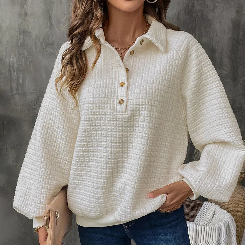 Women's milky white polo collar pullover sweater with long sleeves