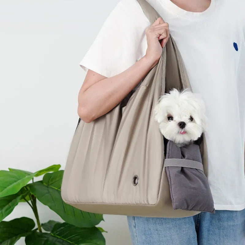 Apricot cloth pet summer handbag with adjustable strap, dimensions 41x16x28cm.