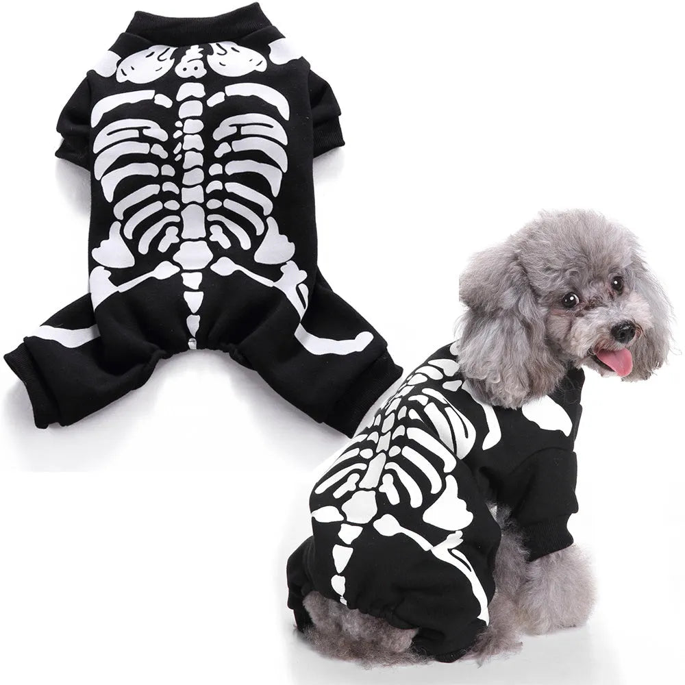 Black dog skeleton frame costume on a dog, polyester fabric, Halloween outfit