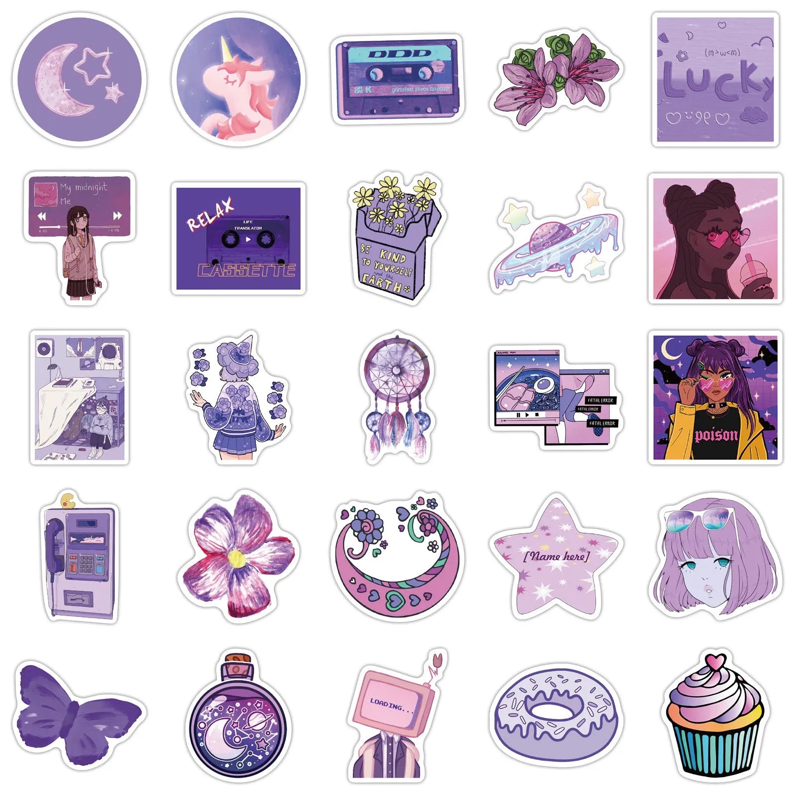 Purple graffiti cartoon self-adhesive stickers for luggage, 50 pack, each 4-6cm, with colourful cartoon skin pattern