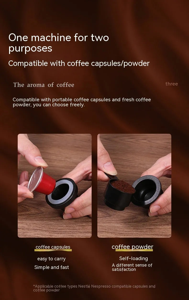 Portable coffee machine in five colours, 60x60x187mm, for capsule and ground coffee