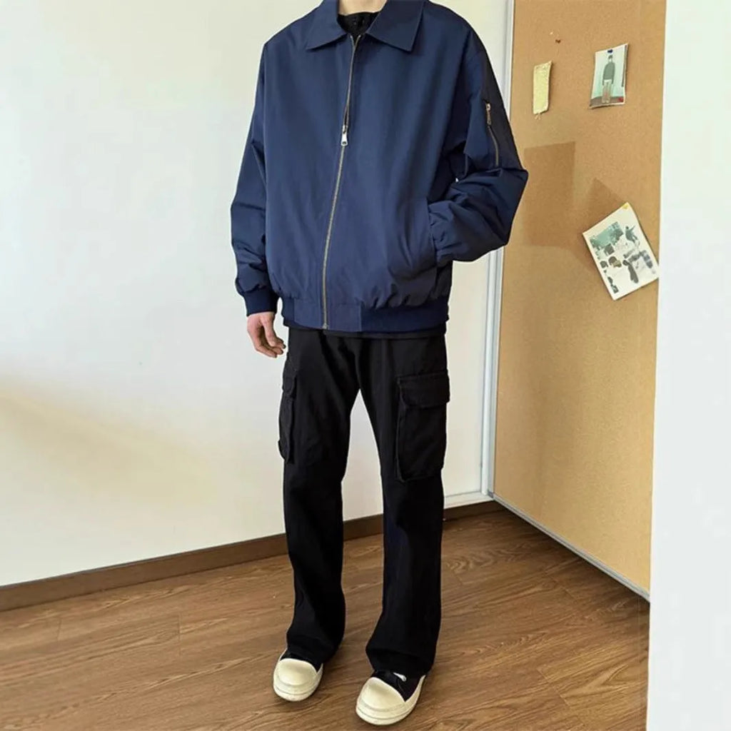 Navy blue short baseball uniform jacket, loose fit, polyester lining, sizes M to XXL