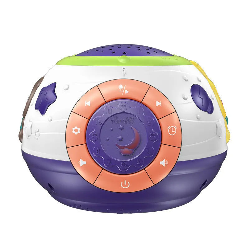 White starry sky night light projector for children showing control button and projection pattern