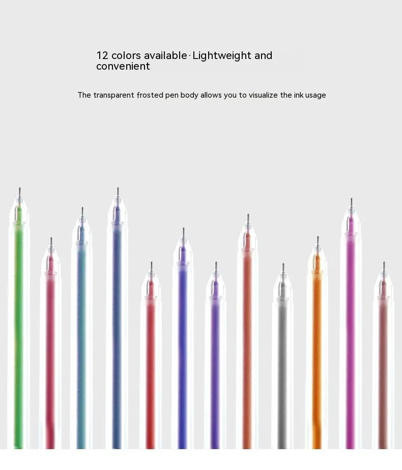 Boxed set of twelve colour gel pens with 0.5mm tips for journaling and stationery needs