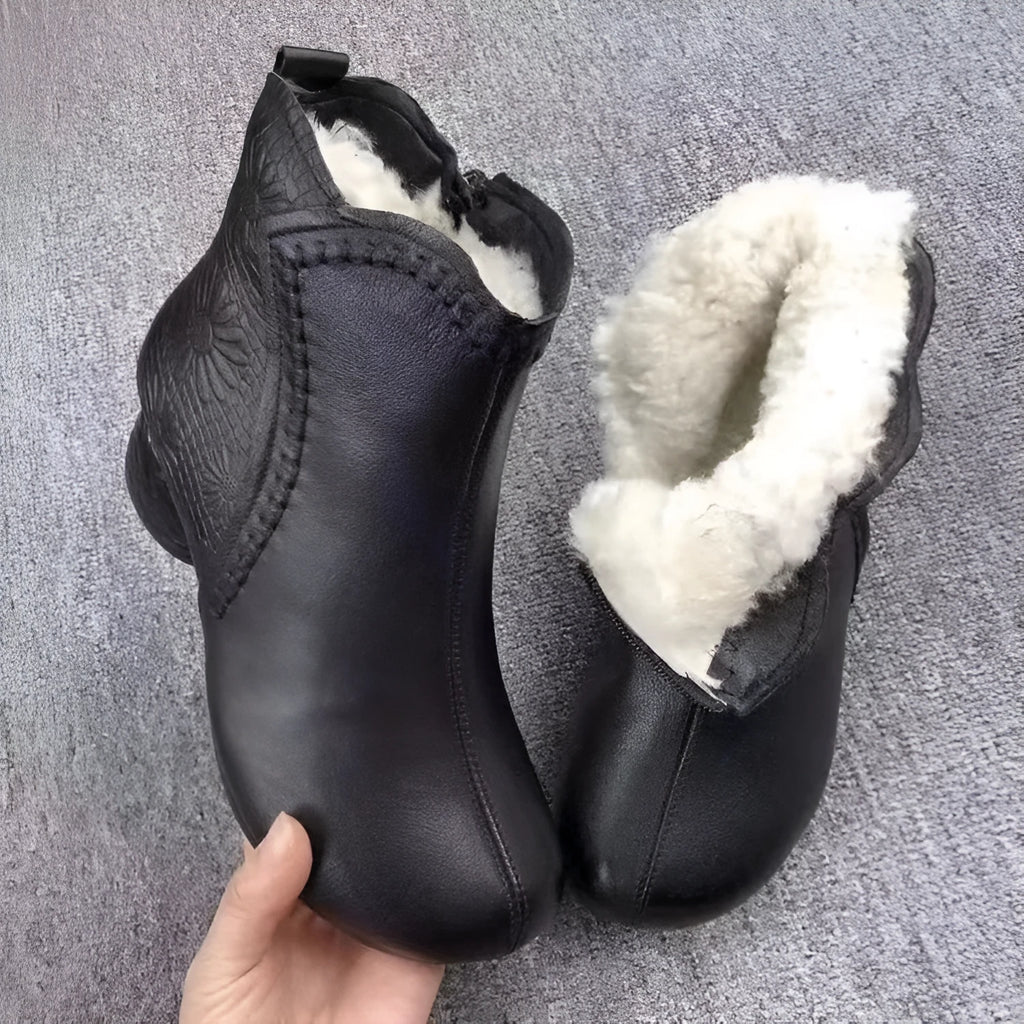 Women's winter anti-slip chunky heel boots with fleece lining, platform, and side zipper in brown fur lining option