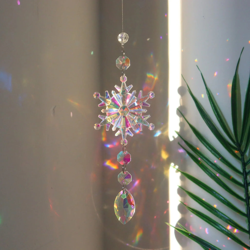 AB colour acrylic snowflake Christmas tree decoration dreamcatcher with hanger, large 9cm and small 4.5cm sizes