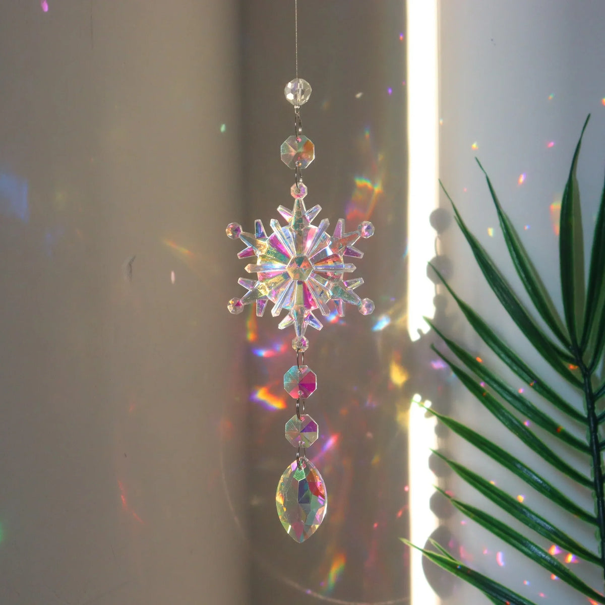AB colour acrylic snowflake Christmas tree decoration dreamcatcher with hanger, large 9cm and small 4.5cm sizes