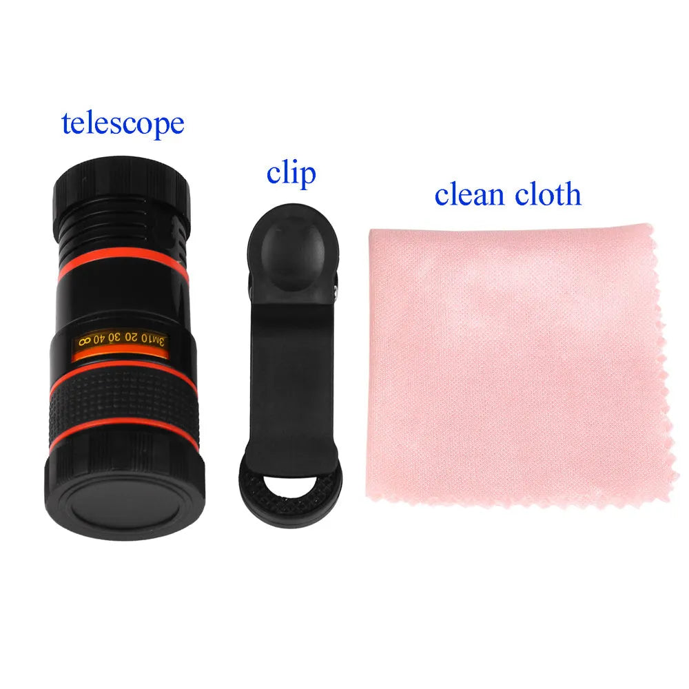 8x optical zoom telephoto lens attachment for mobile phones, shown in black, clip-on design