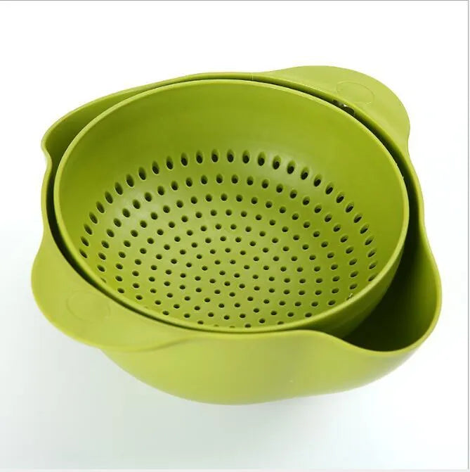 Double-deck plastic rice washing sieve basin in blue with drainage holes, 29.5x13.5x9cm