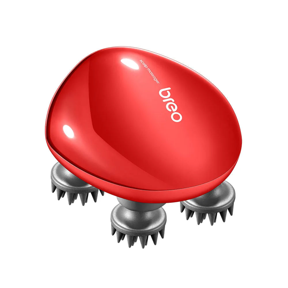 Red handheld electric scalp massager with soft silicone bristles showing 110mm x 120mm x 82mm dimensions