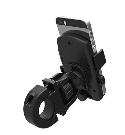 Black ABS plastic bicycle handlebar phone holder with adjustable security rope strap.