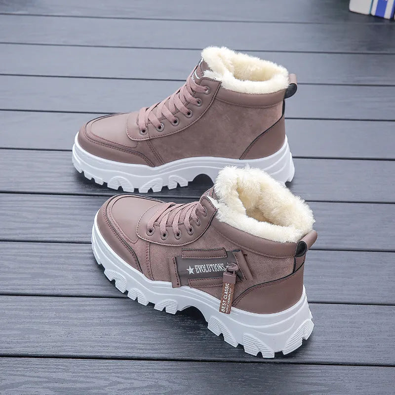 Women's winter platform ankle boots with mid heel, lace-up front, round toe, solid colour in gray